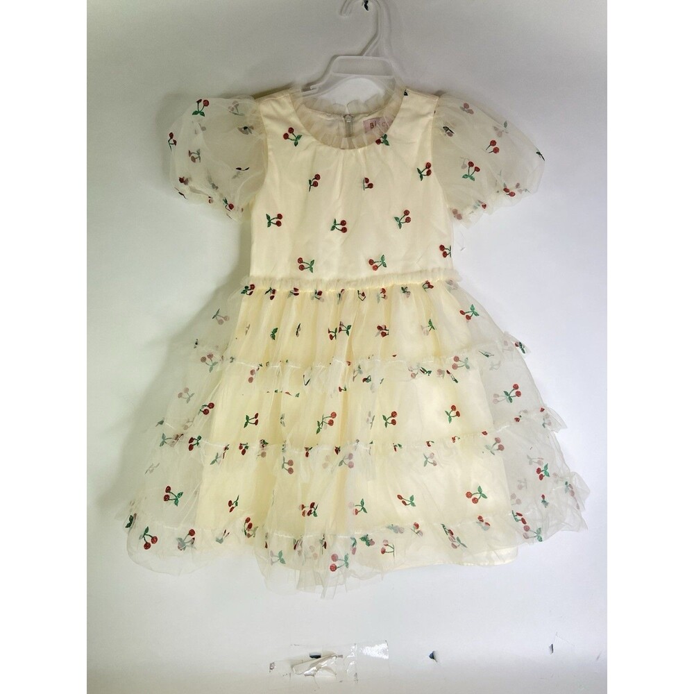 Biscotti Cherry Cherries Print Tulle Tiered Dress Yellow Puff Girls Size 5